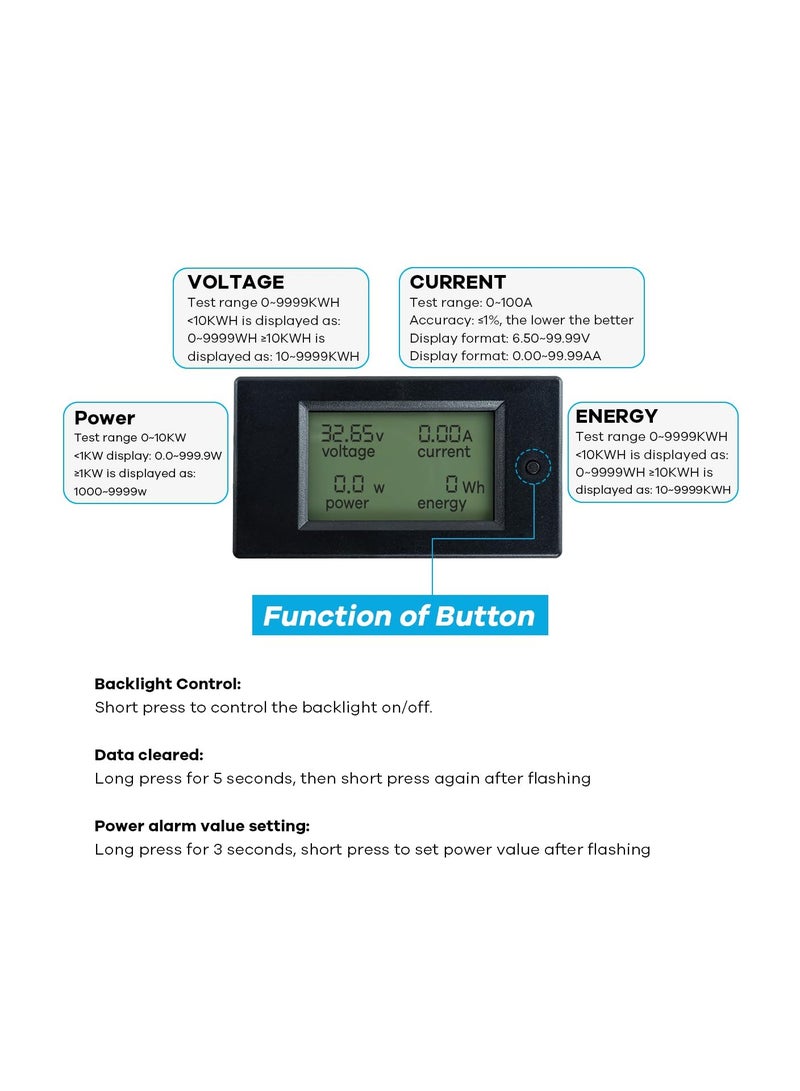 مقياس الأمبير والجهد الرقمي، DC 6.5-100V 0-100A شاشة LCD مقياس مراقبة الطاقة الرقمية، مقياس الجهد والتيار والطاقة، مقياس الأمبير والجهد متعدد القياسات مع شنت تيار 100A - Image 3